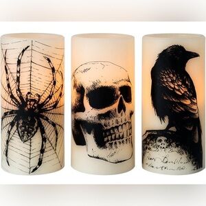 Set of 3 LED Halloween Flickering Candles, Skull, Spider Web, Crow, White Black